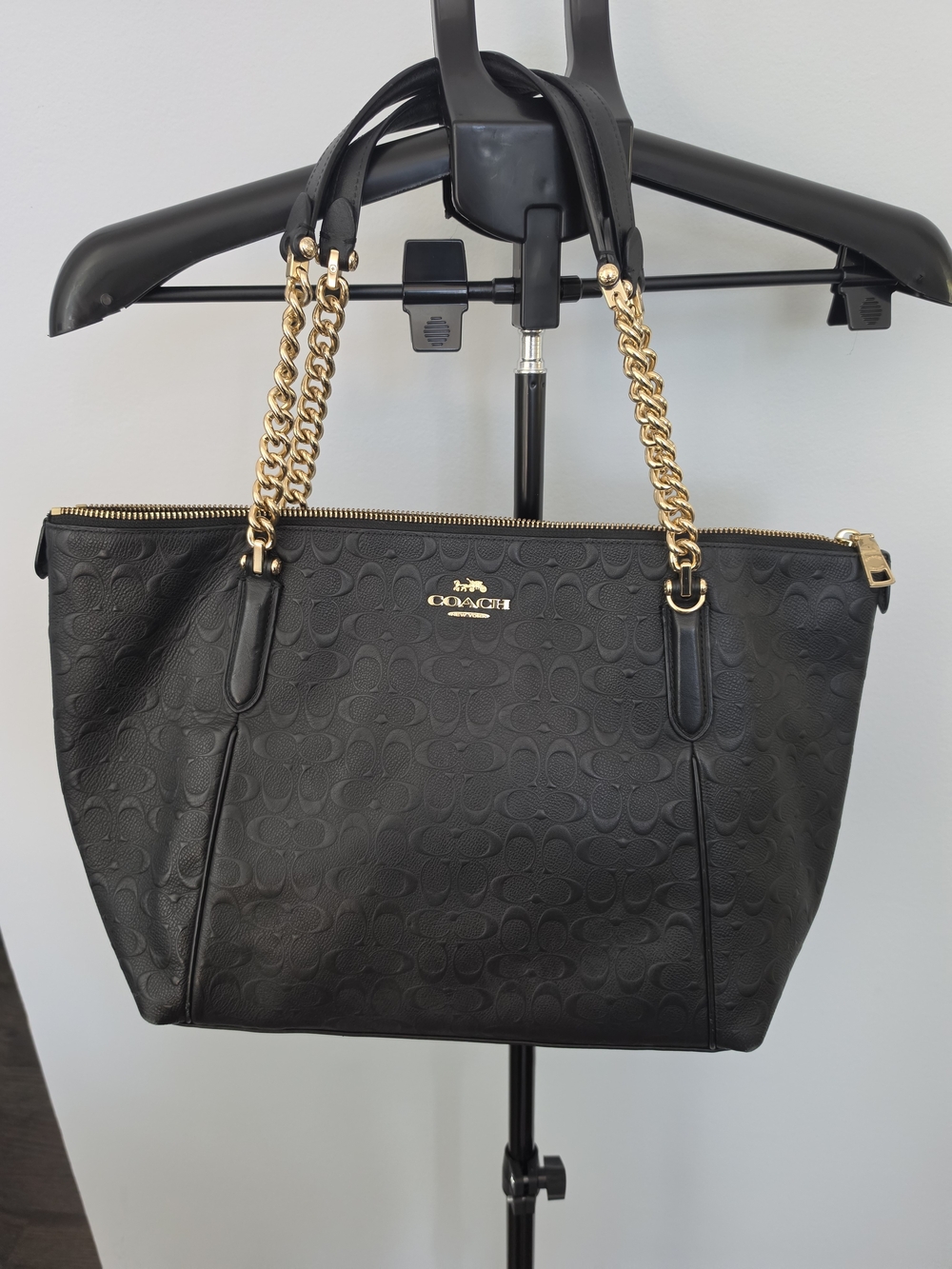 Coach Black Signature Embossed Tote with Gold Chain Handles